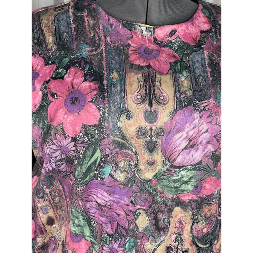 dress floral swing skirt pink purple 1980s shoulder pads Size 3X - Image 4
