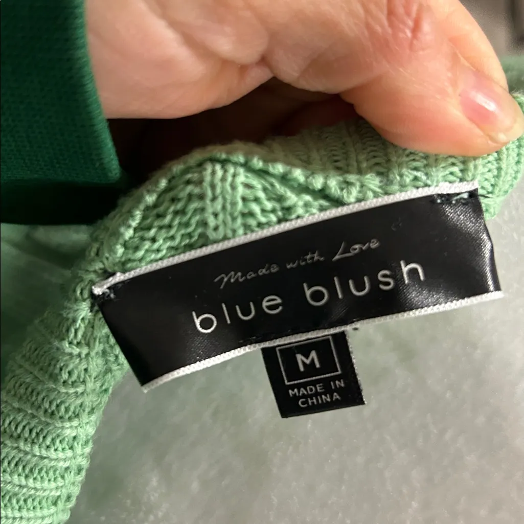 Blue Blush Mint Strapless Cable Knit Bodycon Mini Dress M Button Front Sweater - Image 2