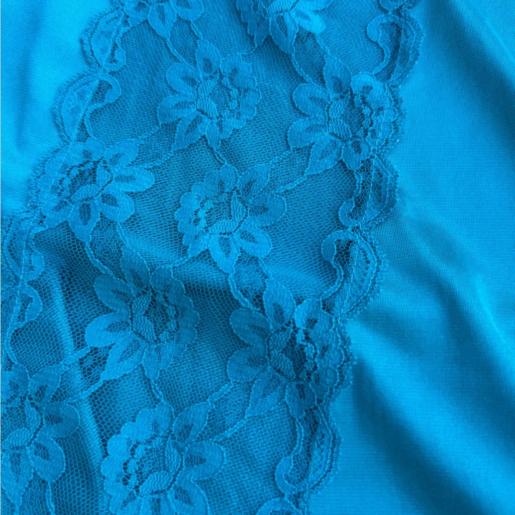 Vtg Val Mode Lingerie Slip Dress Nightgown Small Teal Blue Shiny Nylon Lace Long - Image 11