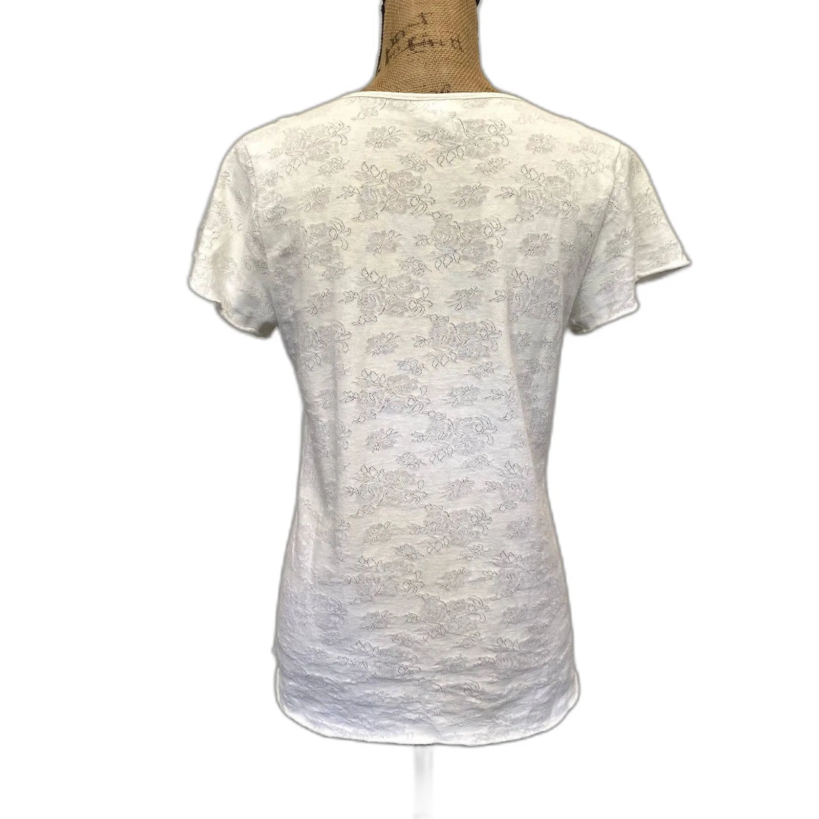 Vintage Cinema Etoile Floral‎ Pointelle Lace Tee Cream Coquette Size Medium White - Image 5