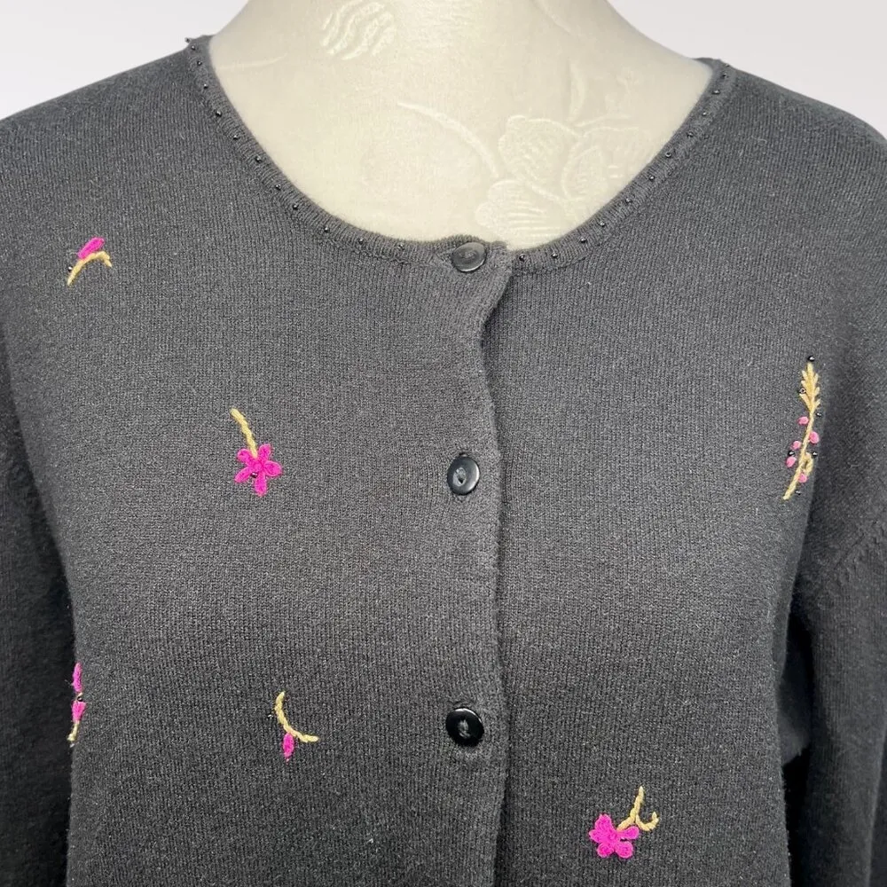 Black Floral Embroidered Button Front Cardigan Sweater Small - Image 2