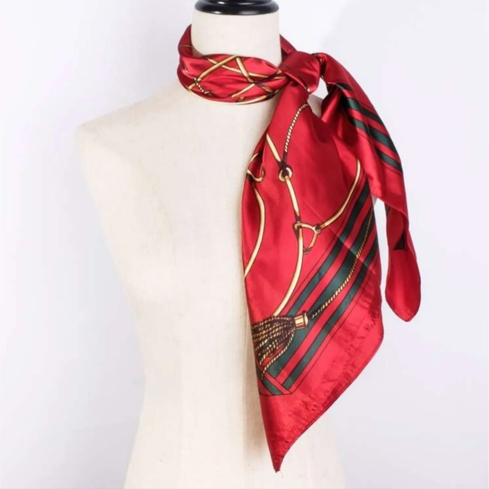 Chain Scarf Vintage Style Horse Satin Head Red Scarf Bandana - Image 2