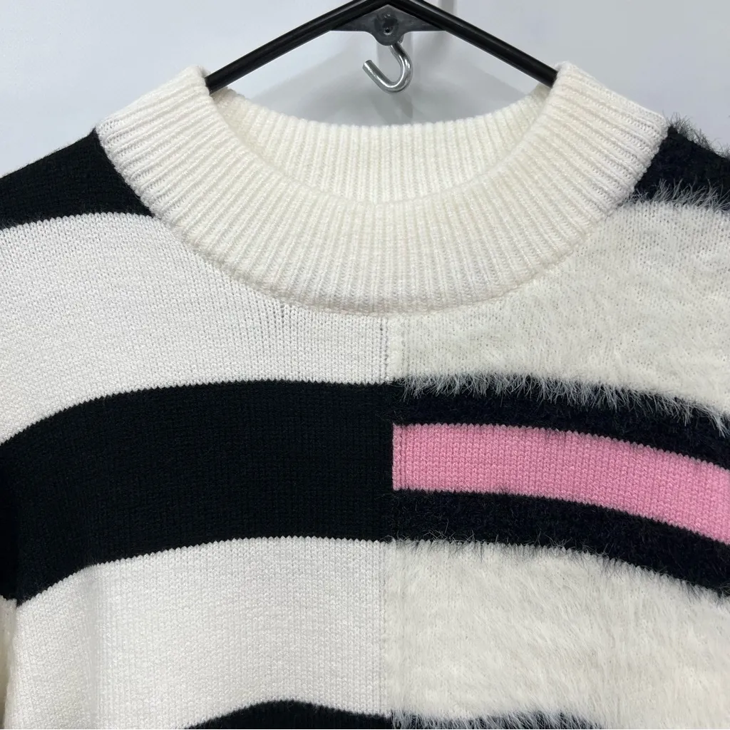 THML Kirsten striped M knit sweater white pink black bold modern high neckline - Image 5