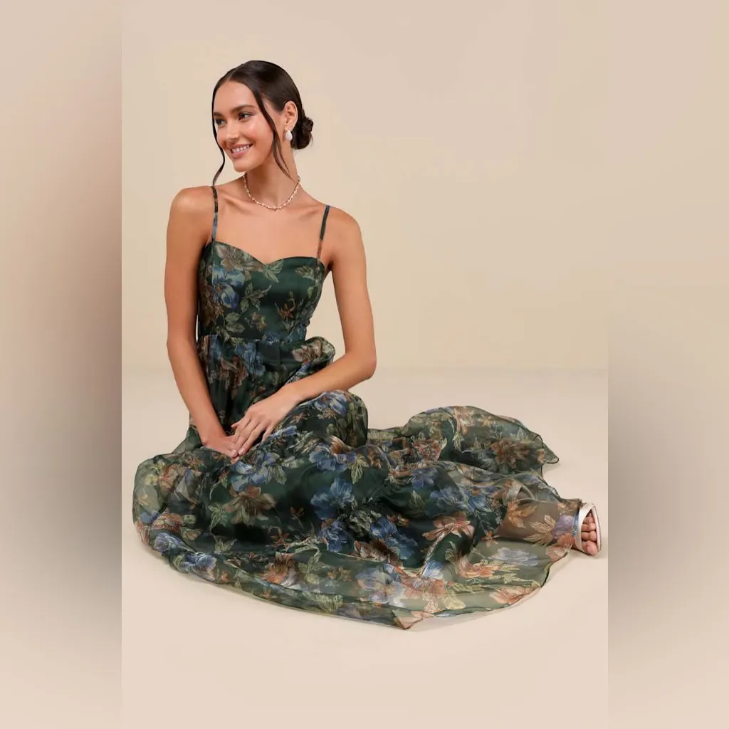 LULU’S Exclusive Glamour Green Floral Organza Tiered Maxi Dress - Image 6