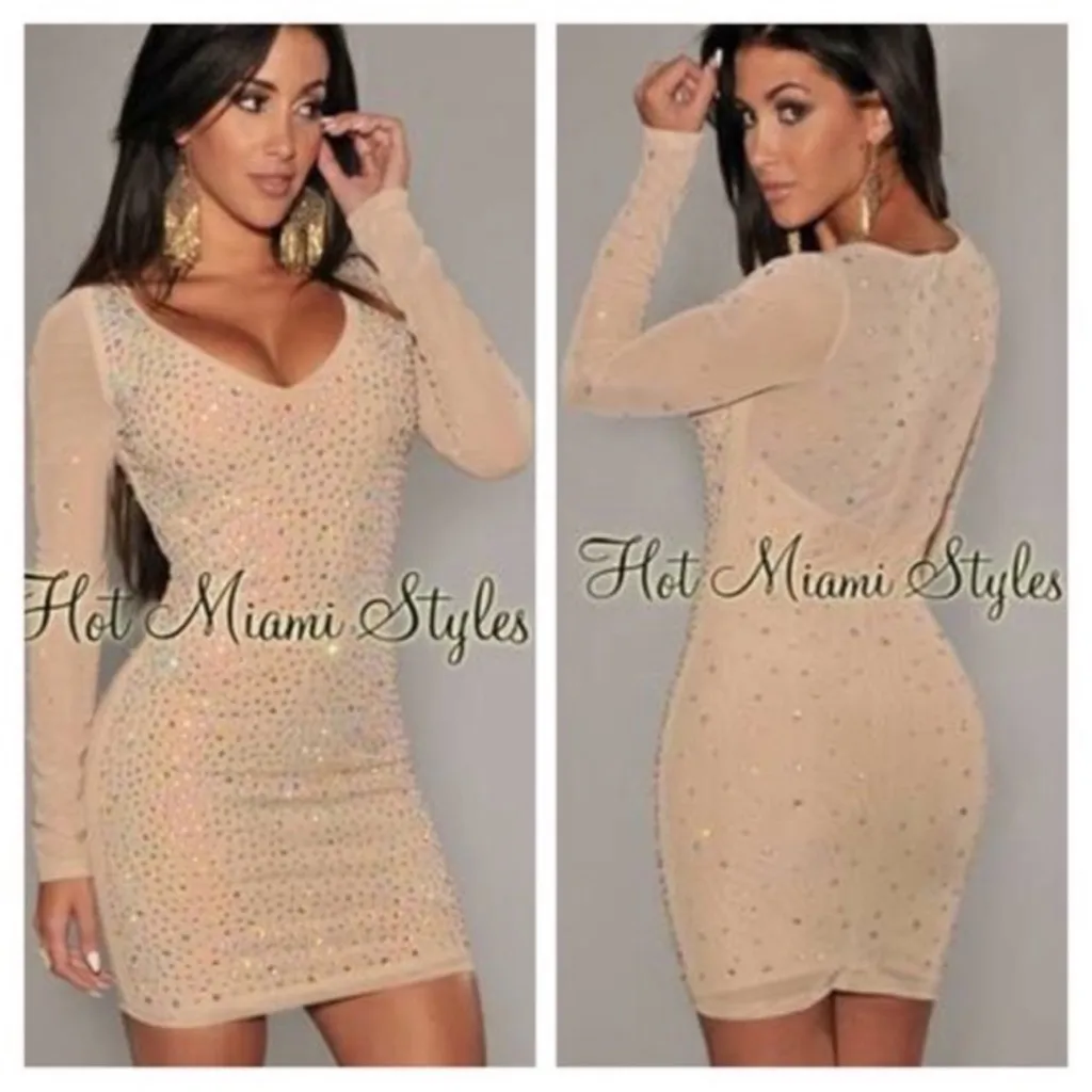 HMS Hot Miami Styles V-Neck Bodycon Midi Mesh Sleeve Rhinestone Dress - Image 2