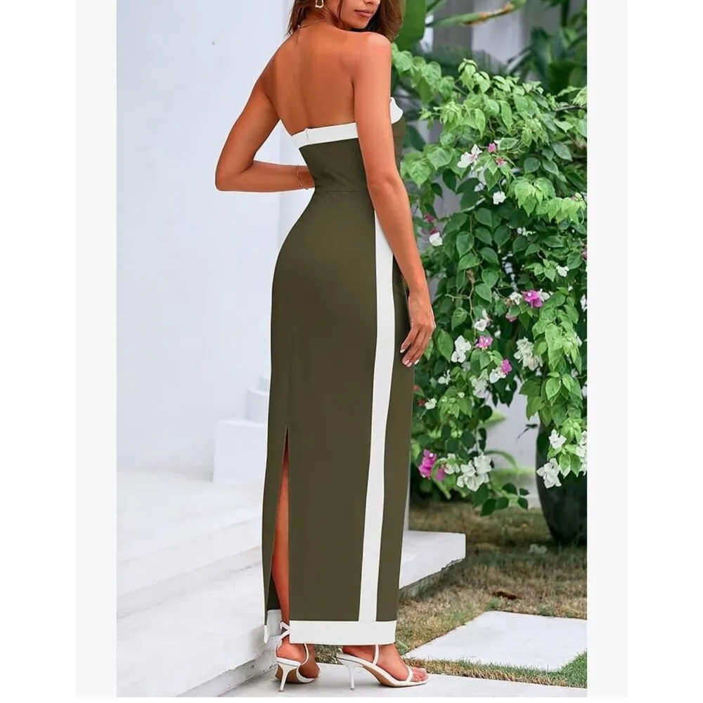 NEW Olive Green Bodycon Strapless Slit Cocktail Party Tube Maxi Dress S - Image 2