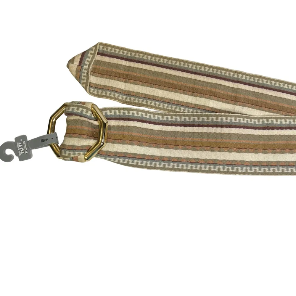 Vintage TJW by Mervyn’s Striped Wide Fabric Gold Octagon Buckle Belt Tan - Image 4