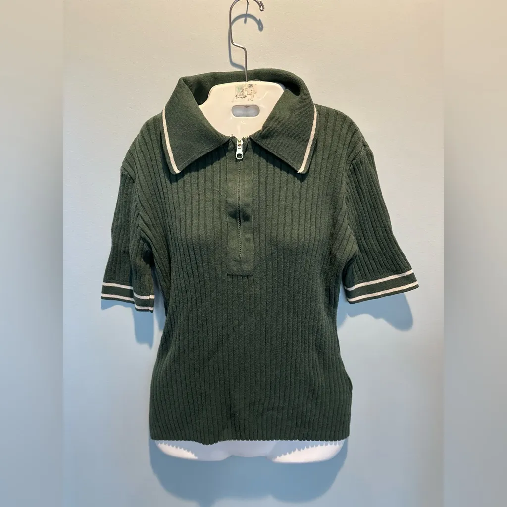 Varley Napier Fit Striped Ribbed Cotton Blend Knit 1/4 zip short sleeve polo top - Image 7