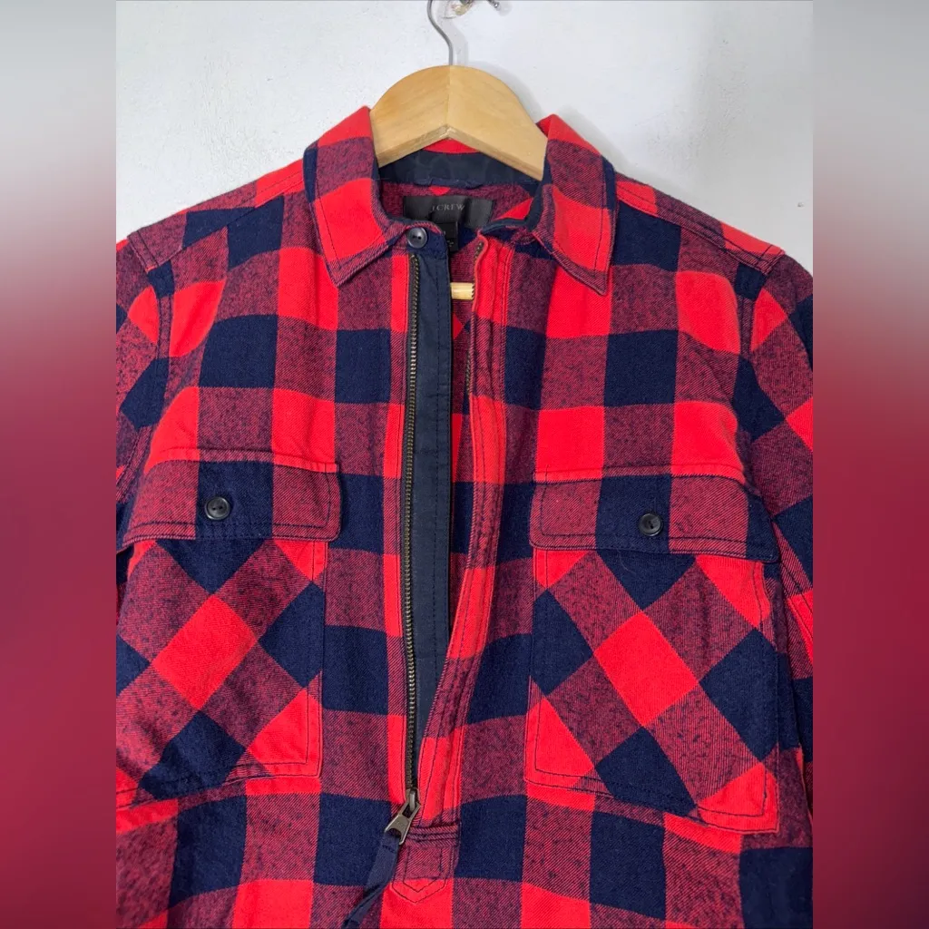 J Crew Red Blue Buffalo Check Half Zip‎ Flannel Popover Shirt Small - Image 4