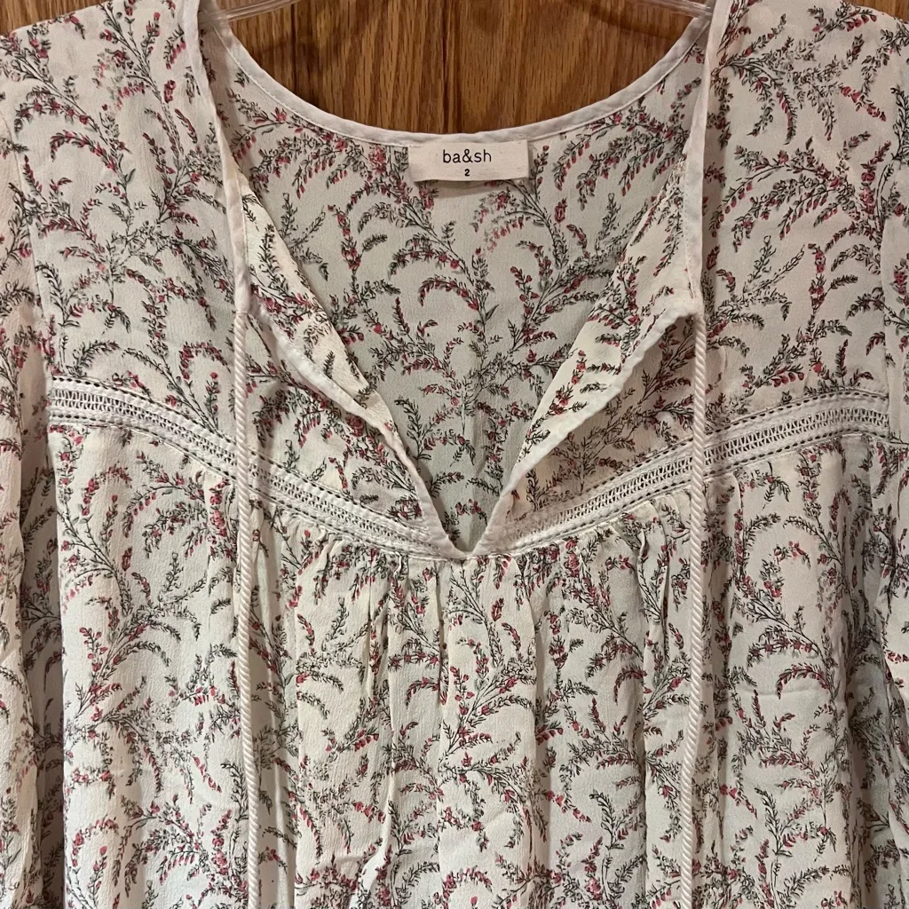 BA&SH‎ Esra Floral Embroidery Lattice Detail Mini Dress w/ Tassels Beige Size 8 - Image 7