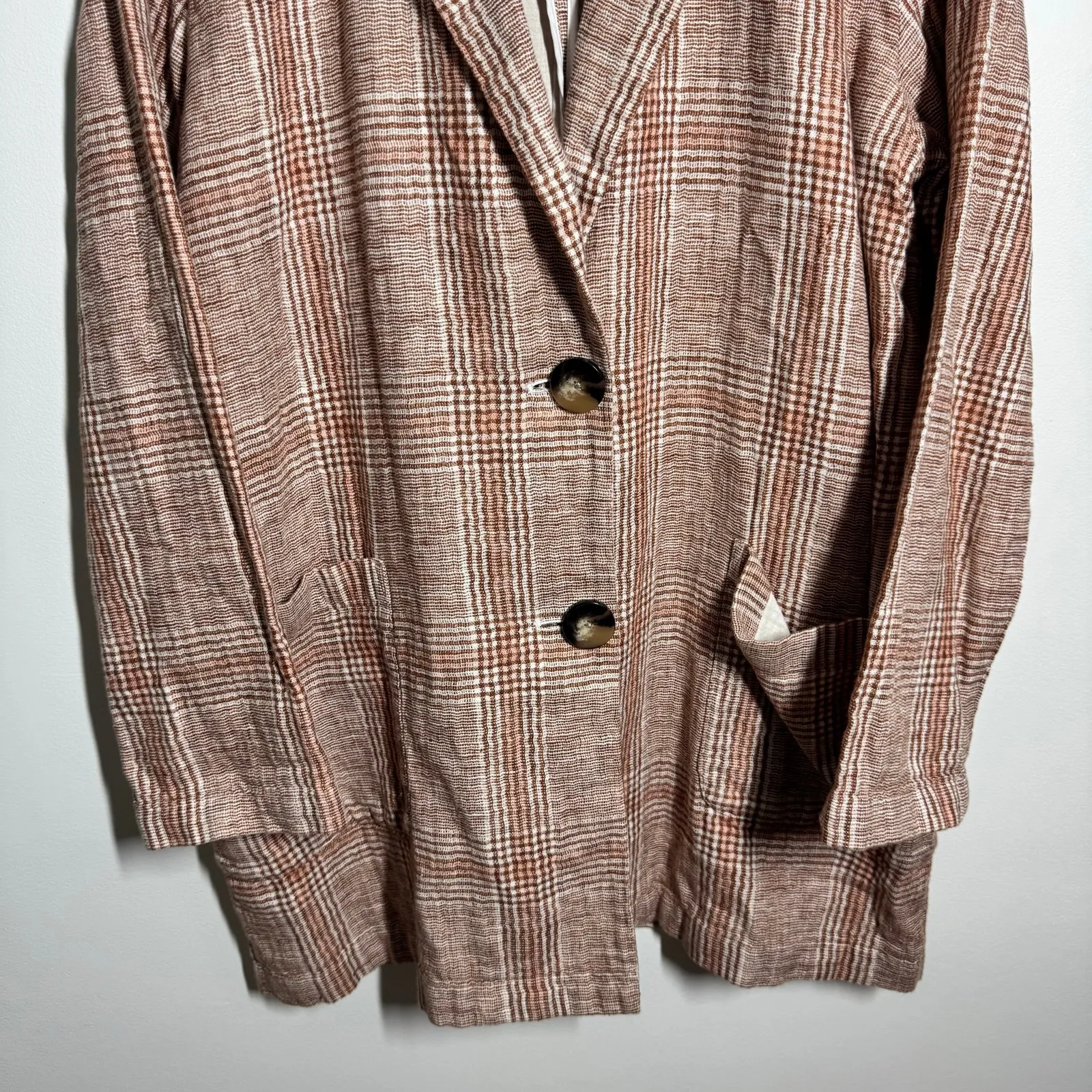 J.JILL Plaid Linen Cotton Blazer Jacket Woven M Brown OVERSIZED Fit Pockets Coat - Image 4