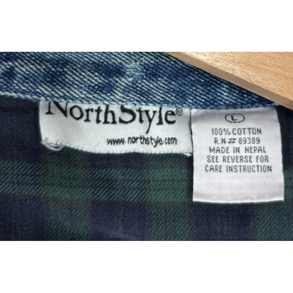Vtg 90s North Style Denim Flannel Lined Jacket Chore Barn Medium Wash Women's L Blue Size L - Image 10