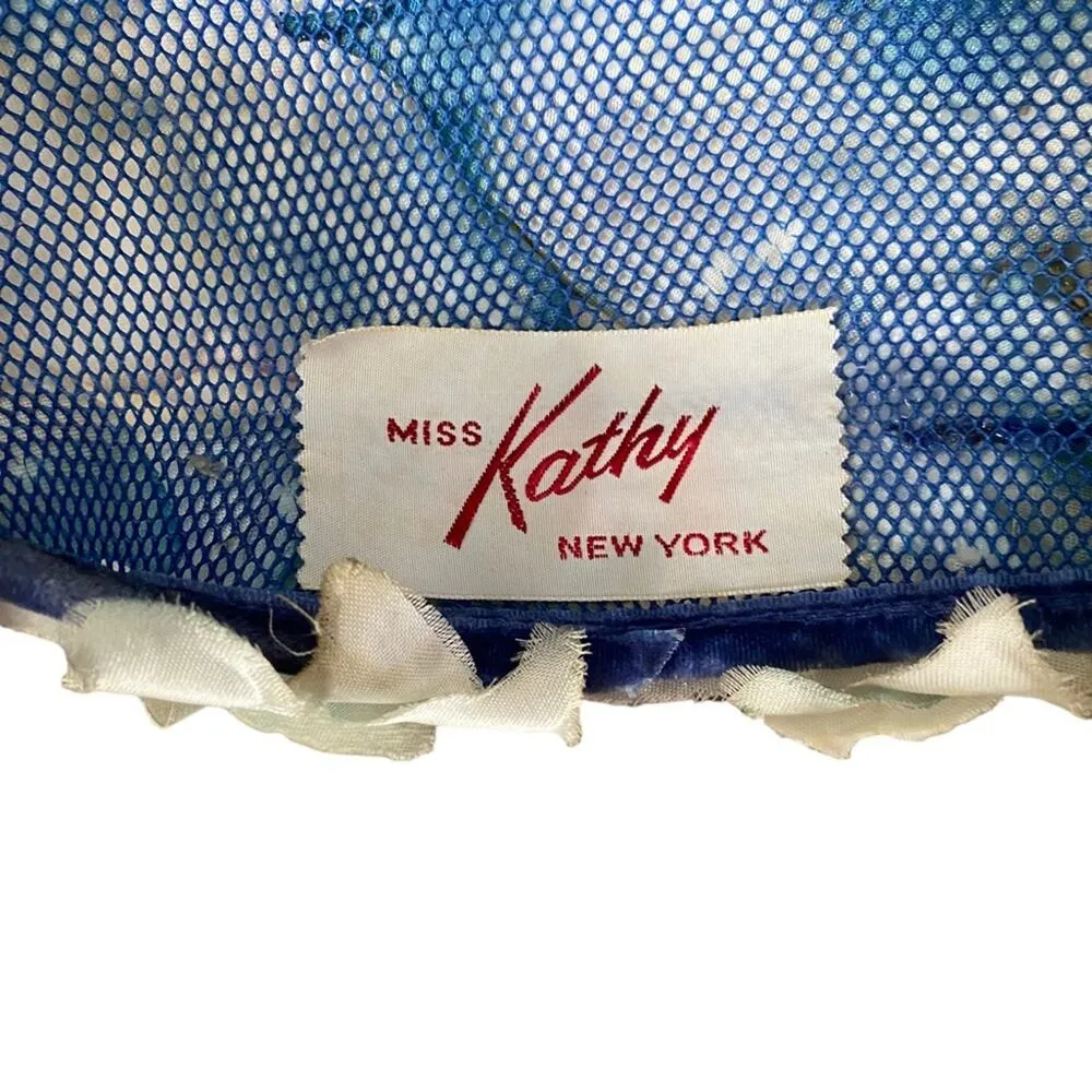 Vintage Miss Kathy New York Silk Floral Velvet Bow Cloche Hat Gatsby Blue Cream - Image 6
