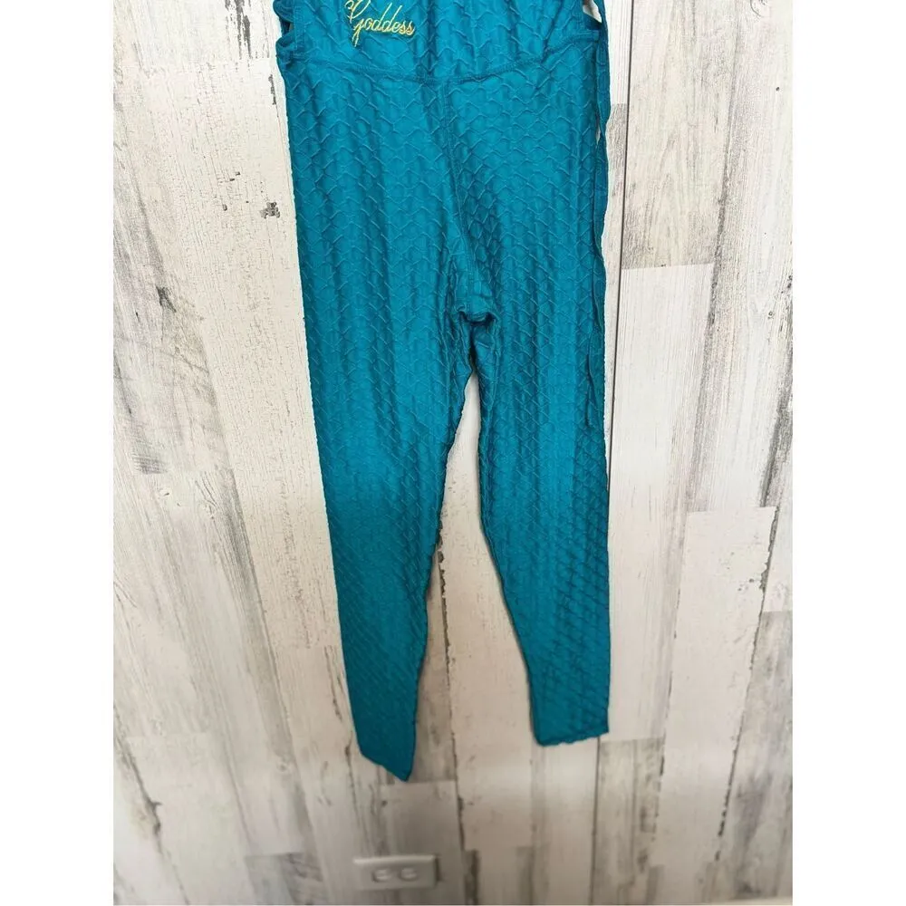 Teal Textured One-Piece Jumpsuit with Crisscross sides - Scrunch Leggings size s - Image 3