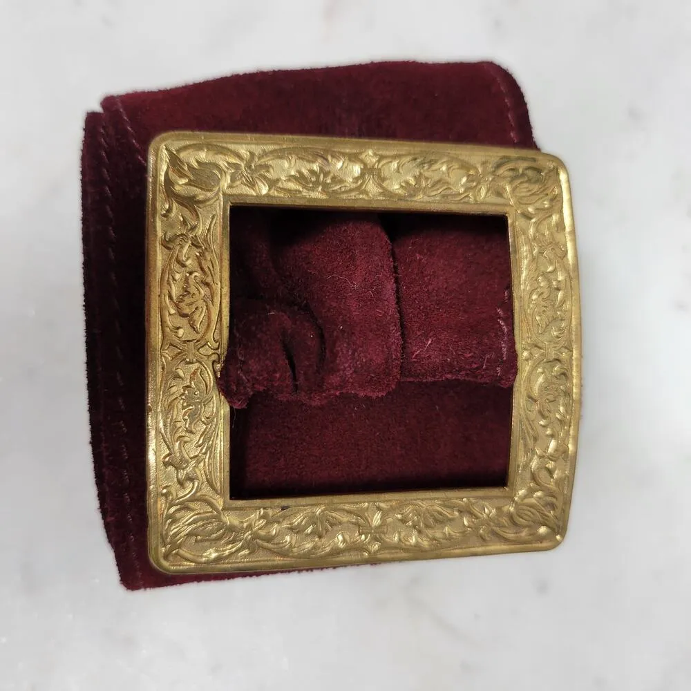 Vintage St Laurent Suede Belt 36" Burgundy Square Gold Floral Buckle Hippie Boho - Image 13