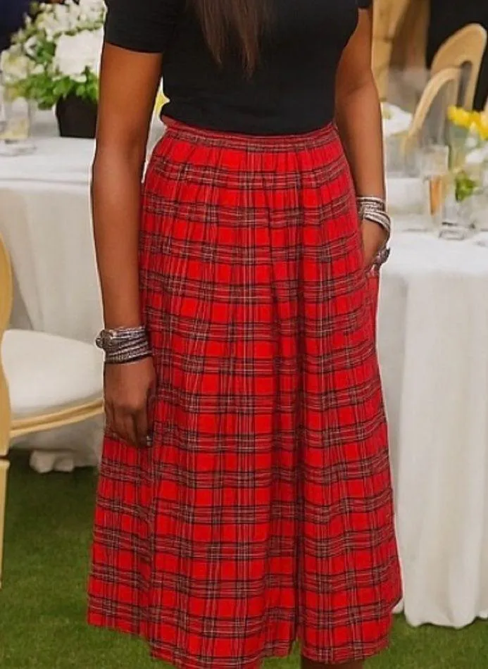 Vintage Preston & York Red Plaid Tartan Midi Skirt Med Pet Hong Kong Christmas - Image 1