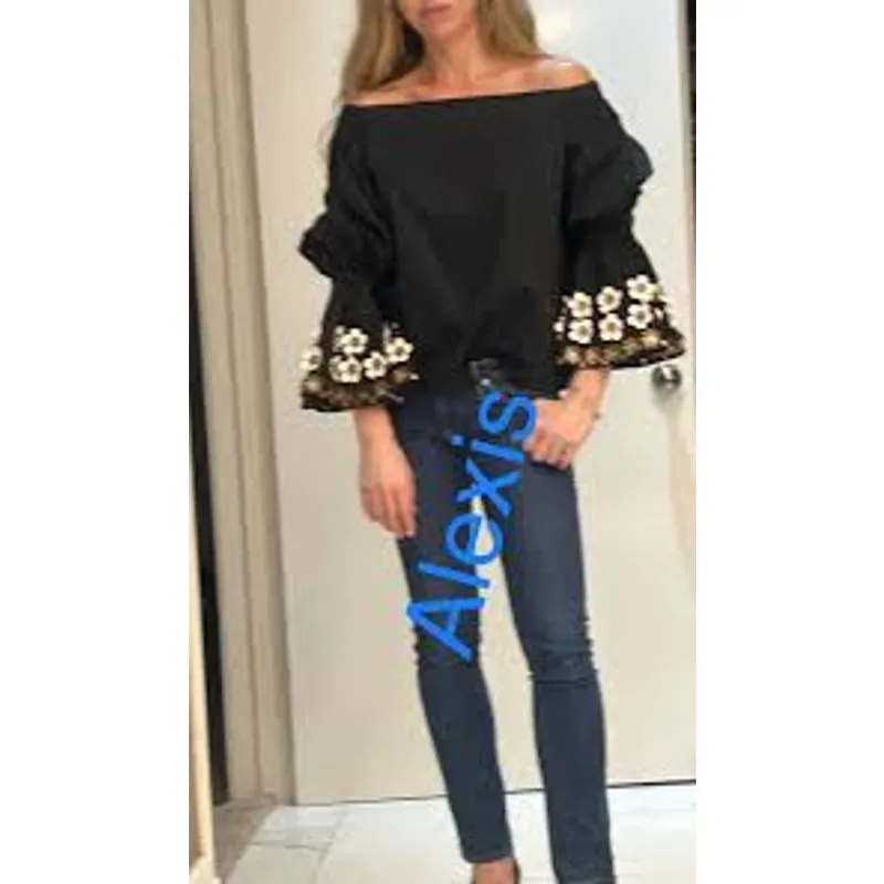 ALEXIS Juniper Off-Shoulder Black Bell Sleeve Top Small, Leather Floral Detail - Image 3