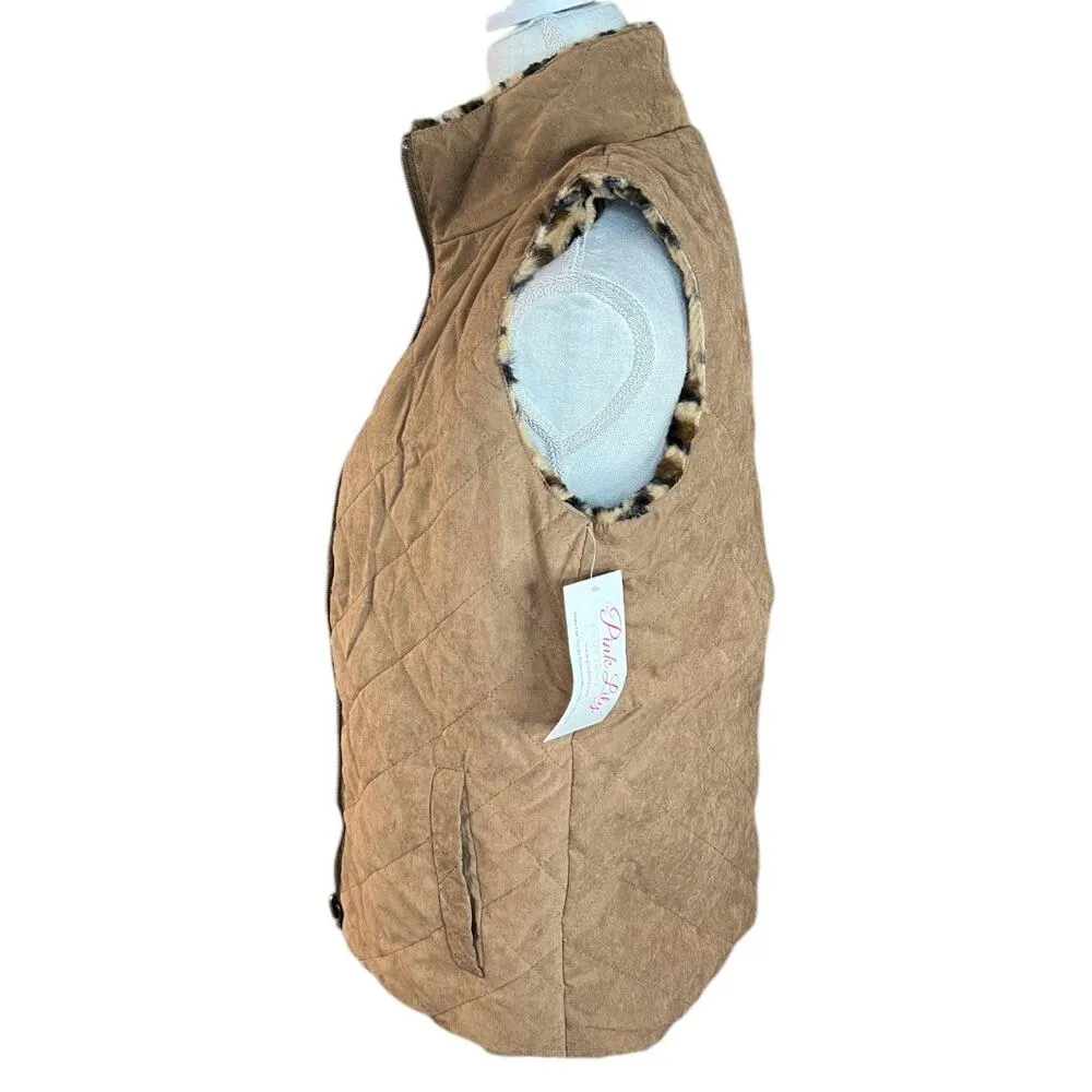 Pink lily boutique brown leopard reversible vest faux fur NEW faux suede winter - Image 2