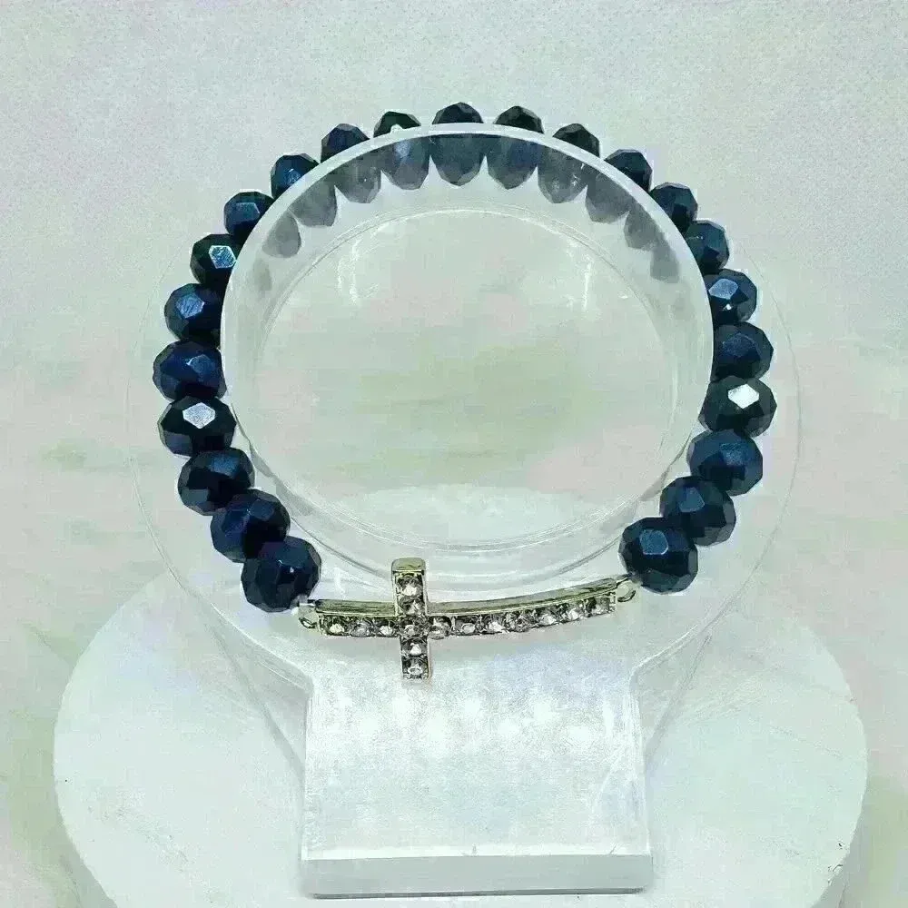 Navy Blue Beaded Bracelet with Rhinestones Cross - Image 5