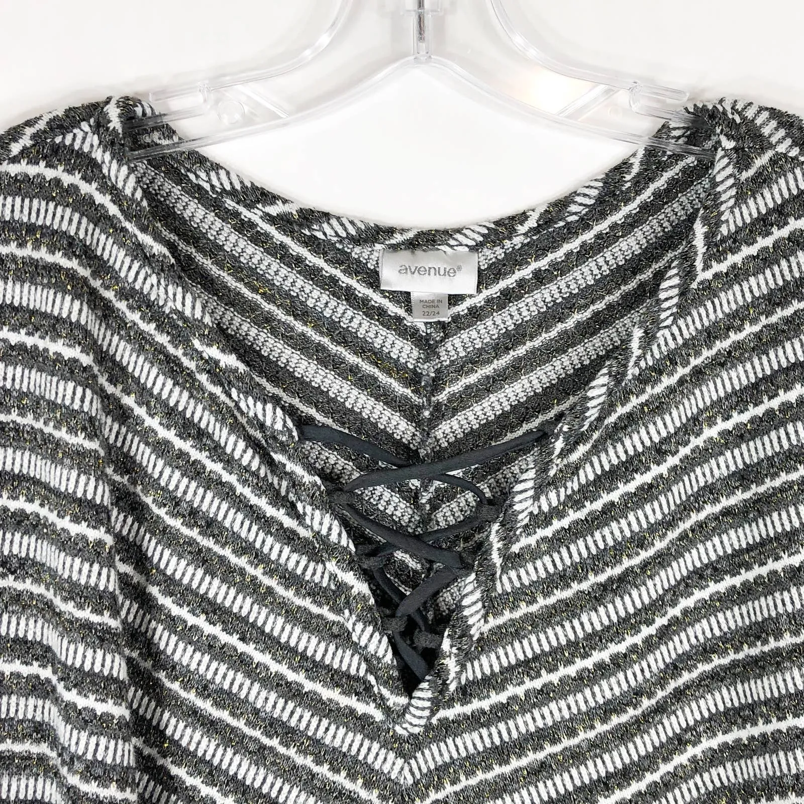 Avenue Plus Size 22 24 Sweater Top Gray Gold White Striped Lace Up V Neck 1272 - Image 5