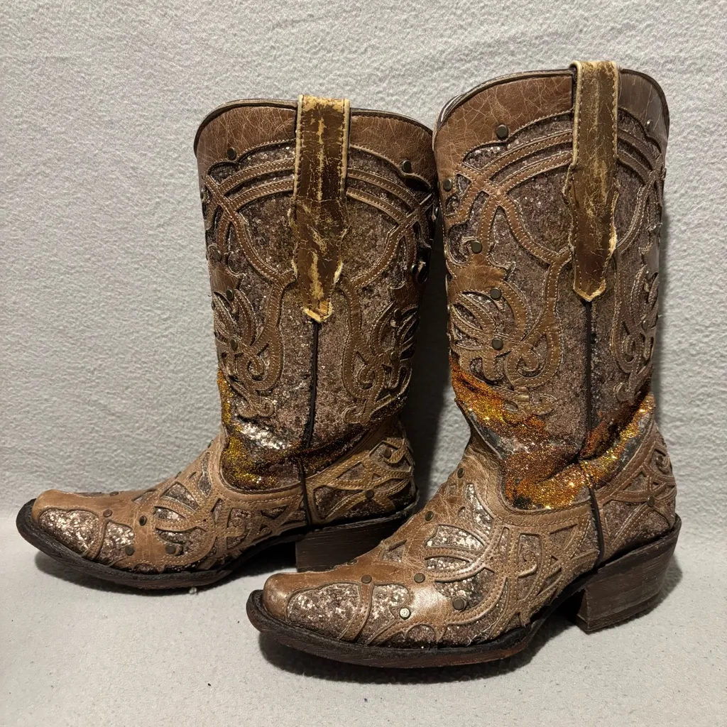Unbranded women’s glitter inlay and studded western boots approx. size 6 Brown - Image 3