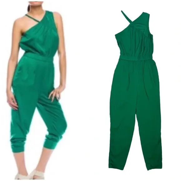 ARMANI EXCHANGE One Shoulder Jumpsuit Kelly Green Satin Silky Summer Size 0 - Image 2