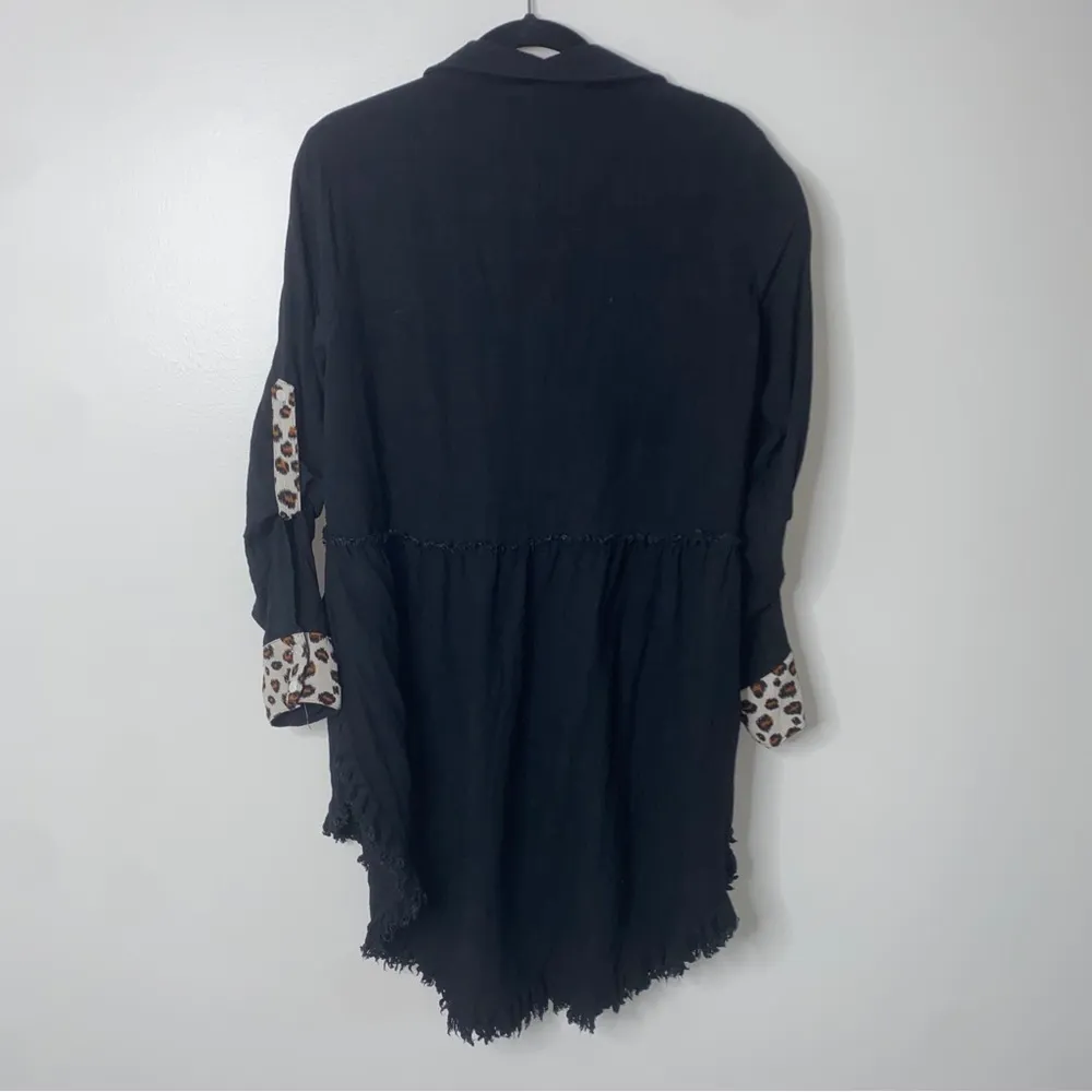 Umgee Black Animal Leopard Print Linen Blend Oversized Shirt Dress Small - Image 6