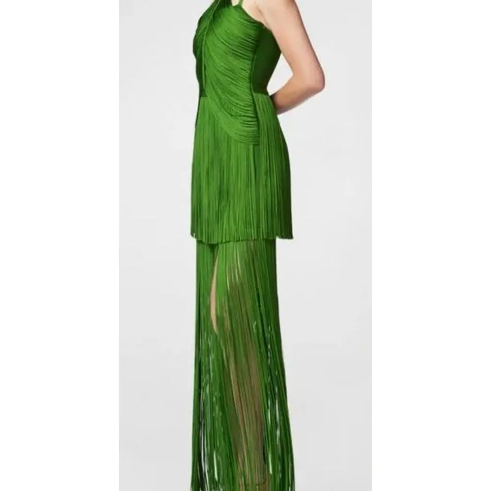 Herve Leger Paris Halter Drape Fringe Long Gown Everglade Green Women's Large - Image 4