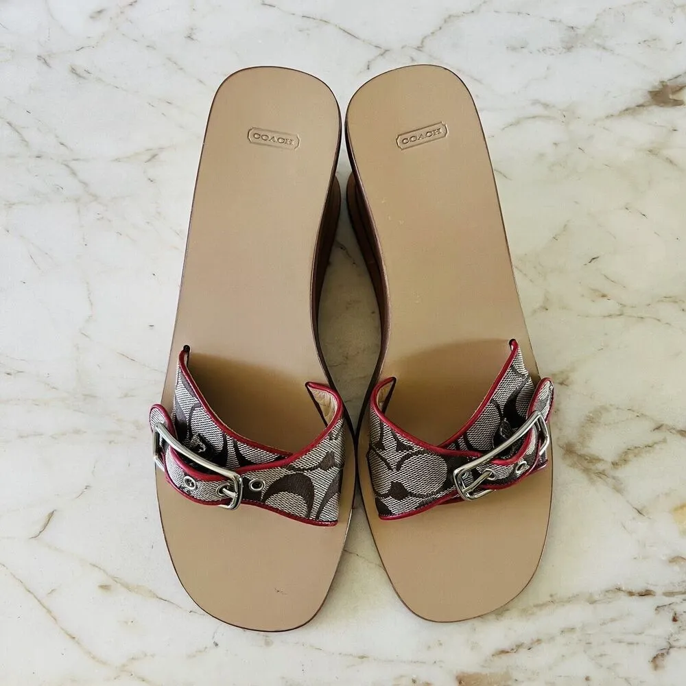 COACH Honey Brown Logo Canvas Red Leather Trim Wood Wedge Sandals - US 8 - Image 4