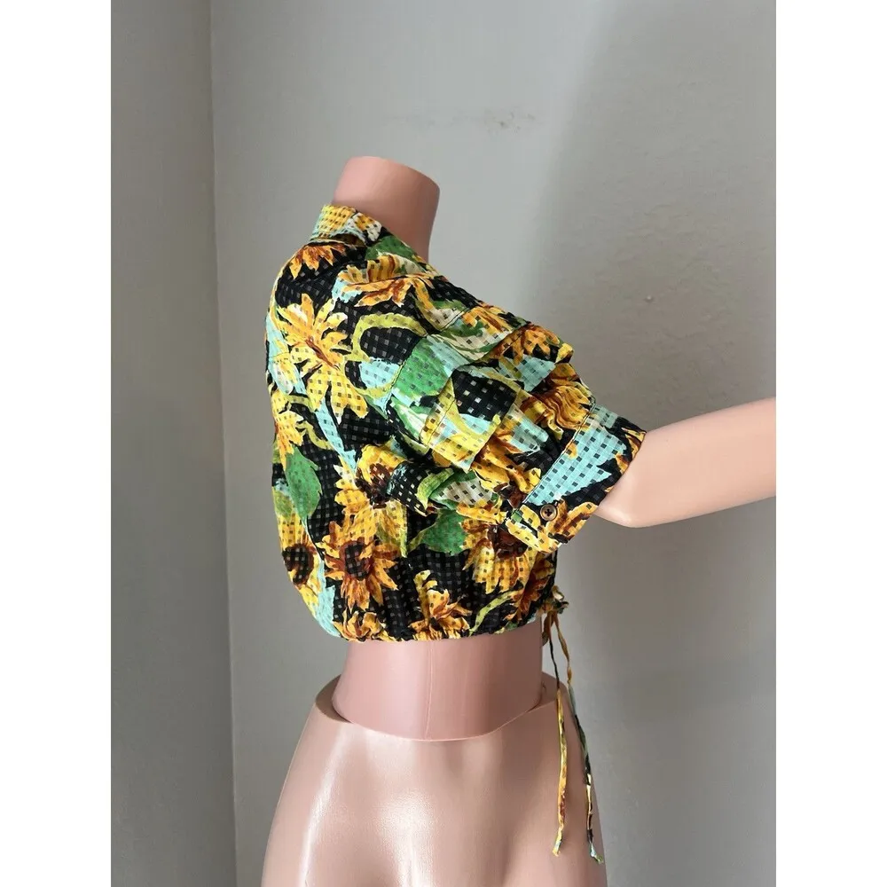 Anthropologie Maeve Summer Sunflower floral Crop Top Sz Small yellow/ black #98 - Image 7