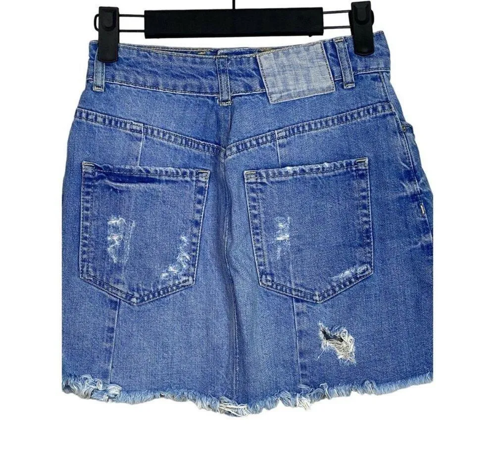 ZARA Distressed Raw Hem Mini Cotton Button Fly Skirt 5 Pockets S Blue #3211 - Image 4