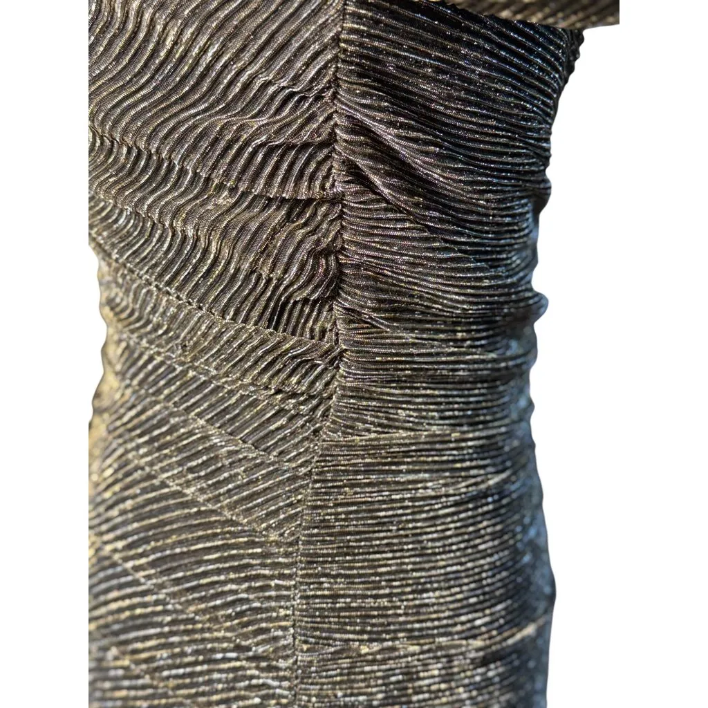 NEW STEVE MADDEN S Gold Green Metallic Ribbed Ruched Dress Long Sleeves V - Image 4