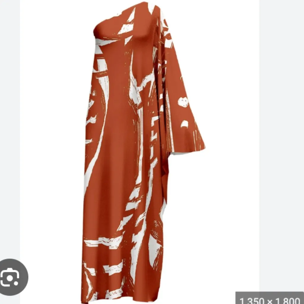 DIARRABLU Satu One Shoulder Dress Printed Maxi Abstract Chiado Rust M $295 Orange Size M - Image 2