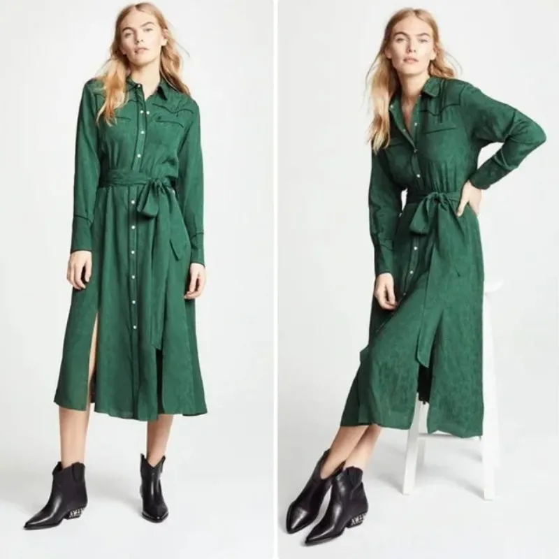 Veronica Beard Spur Western Silk Tie Midi Dress in Green Womens Size 8 - Image 2