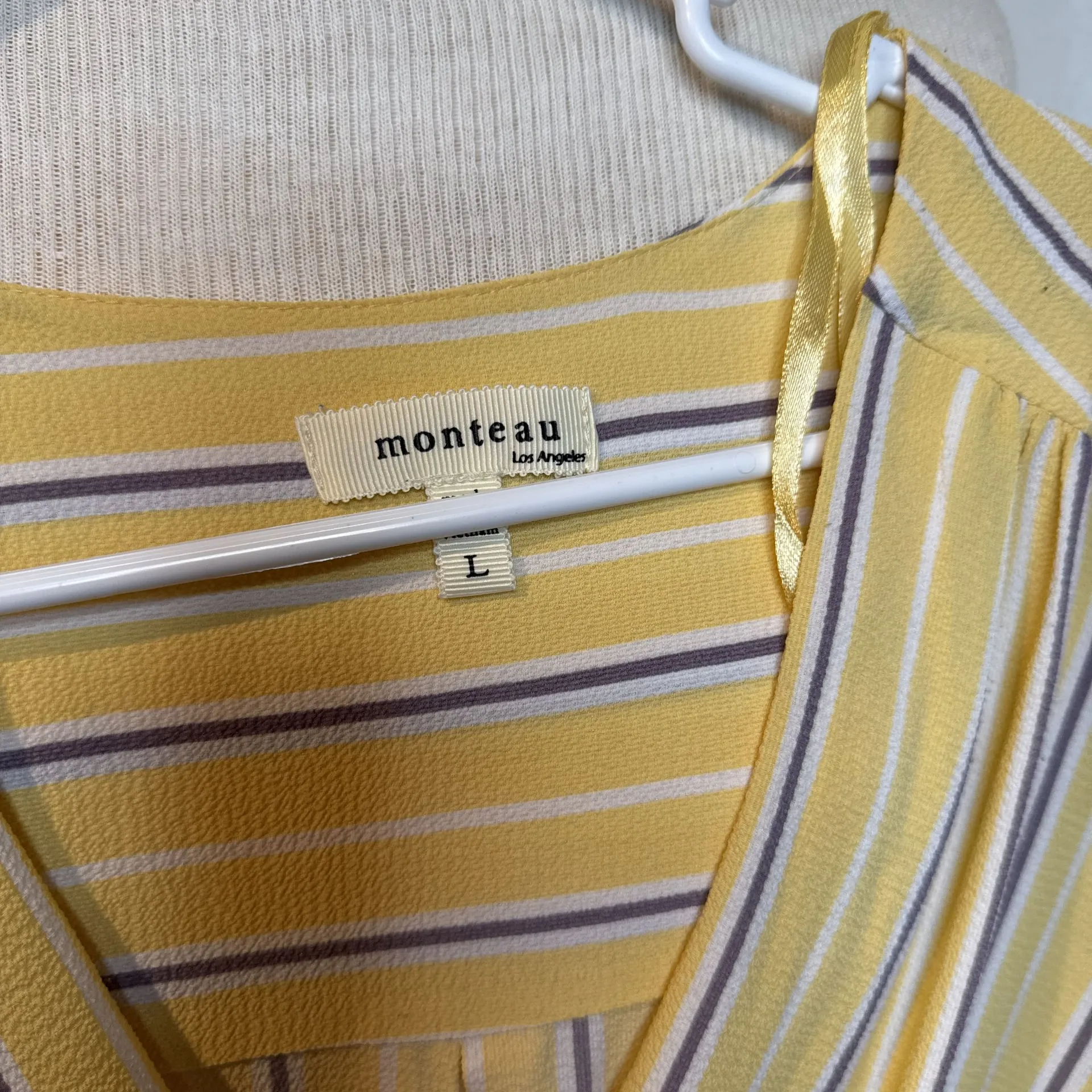 Monteau Pastel Yellow and White‎ Striped V-Neck 3/4 Sleeve Lightweight Dress - Image 2