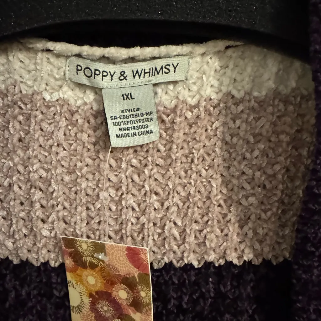 Poppy & Whimsy New Open Cardigan Plush Knit Stretch Purple Tan White Stripe 1X - Image 3