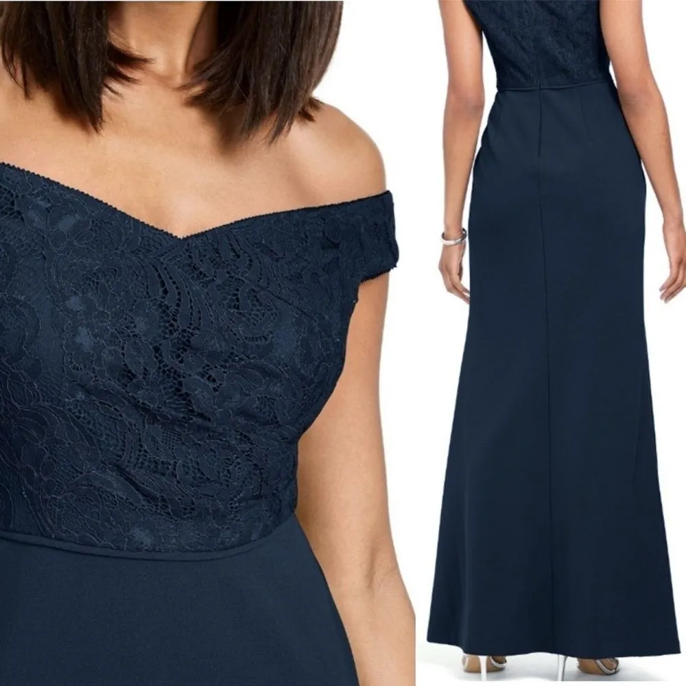 NWT Adrianna Papell Navy Blue Lace Crepe Formal Evening Gown OTS Dress Size 2 - Image 3