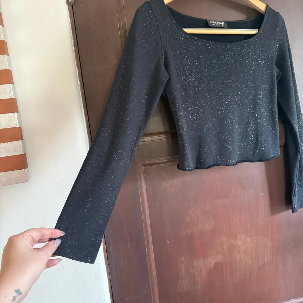 COSABELLA | Black Sparkly Cropped Long Sleeve Top Glitter Baby Tee | Medium - Image 4
