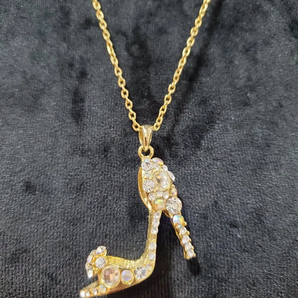 Women's Gold Tone Beaded High Heel Fashion Pendant Necklace - Image 4
