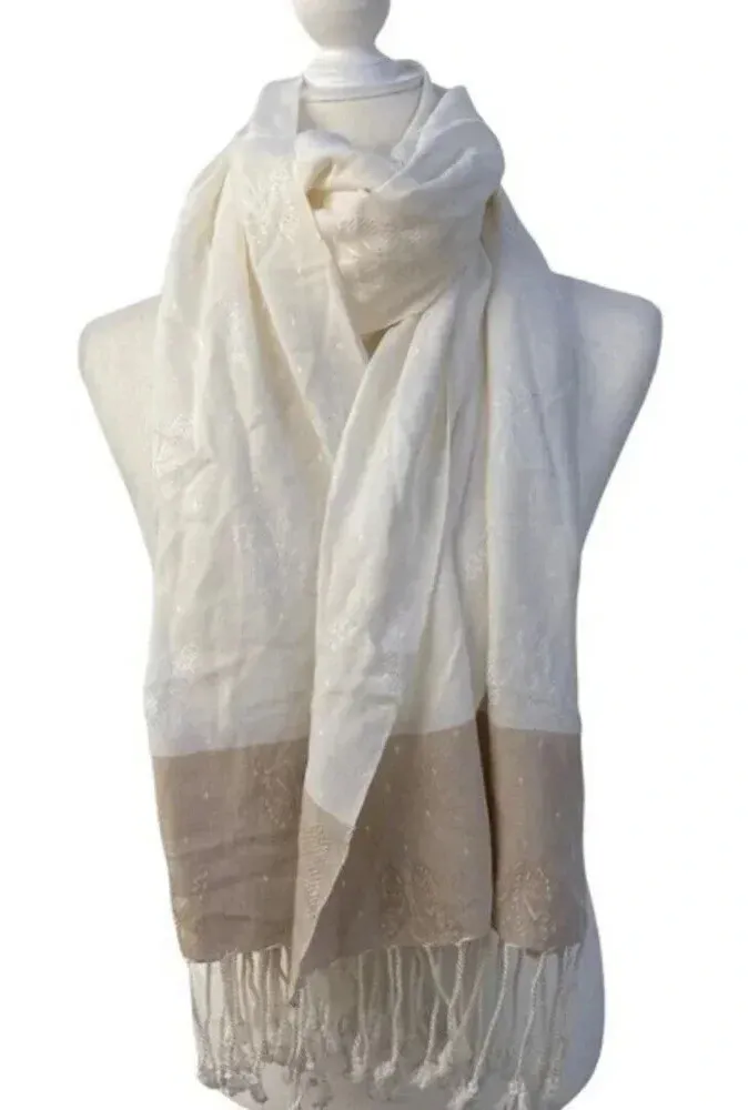 Textured Scarf Fringed Shawl Butterfly Design Neutral Cream 70 x 36 inch - Image 1