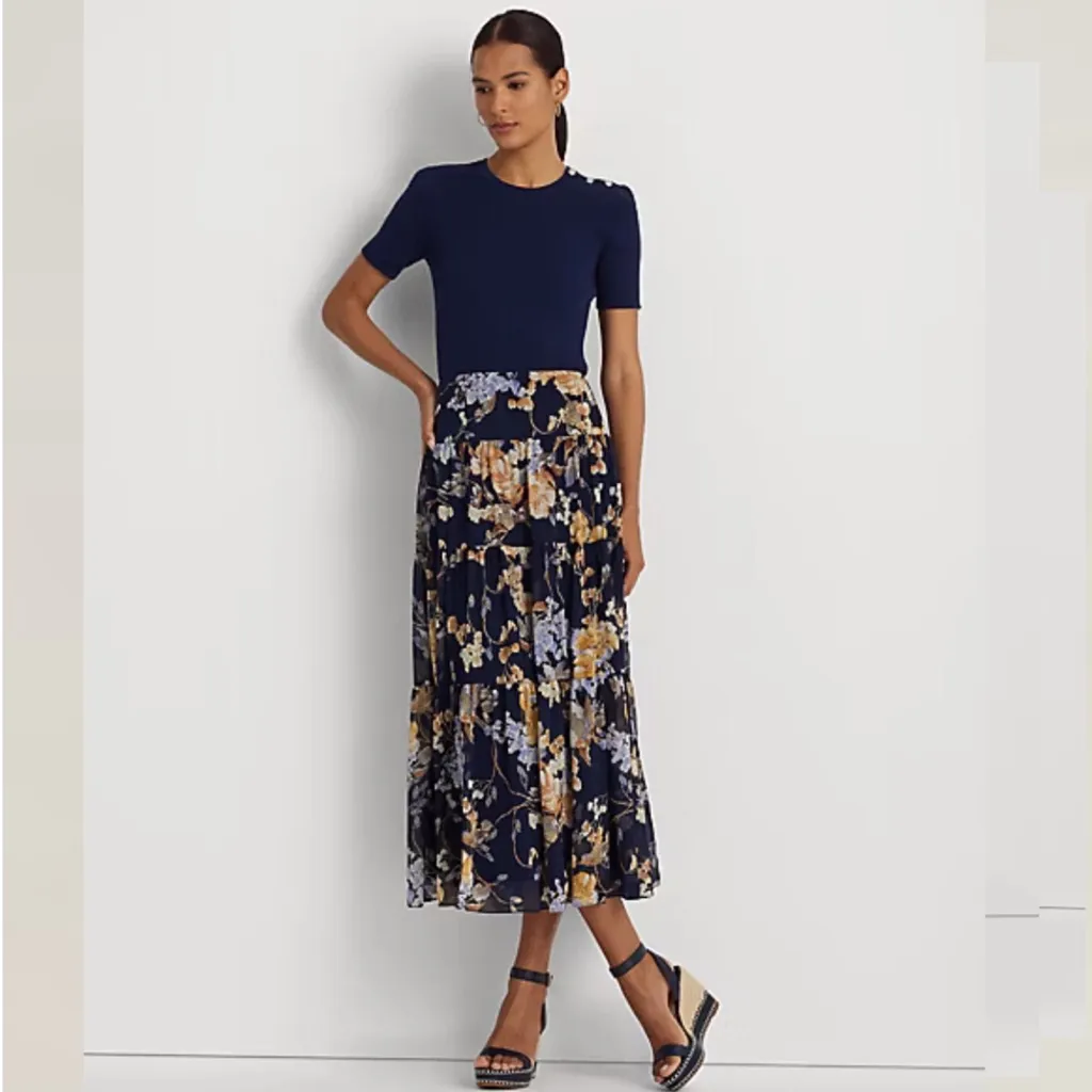 Ralph Lauren Floral Crinkle Georgette Tiered Maxi Midi Skirt Navy Cream Size 00 - Image 2