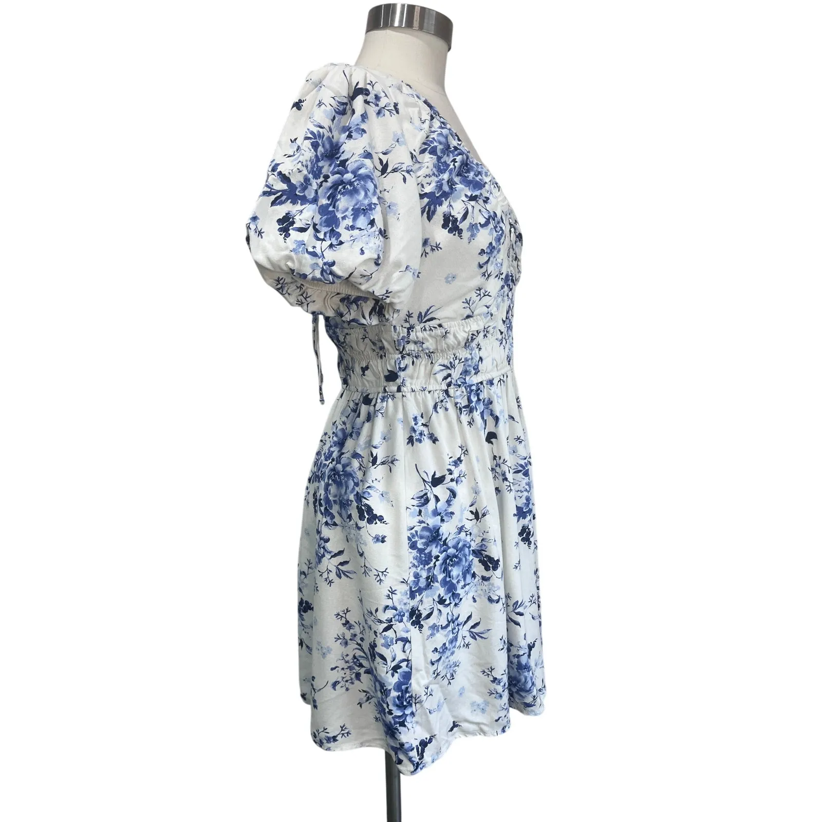 Mi Ami Francesca’s Blue Floral Puff Sleeve Linen Blend Cottagecore Mini Dress M Size M - Image 3