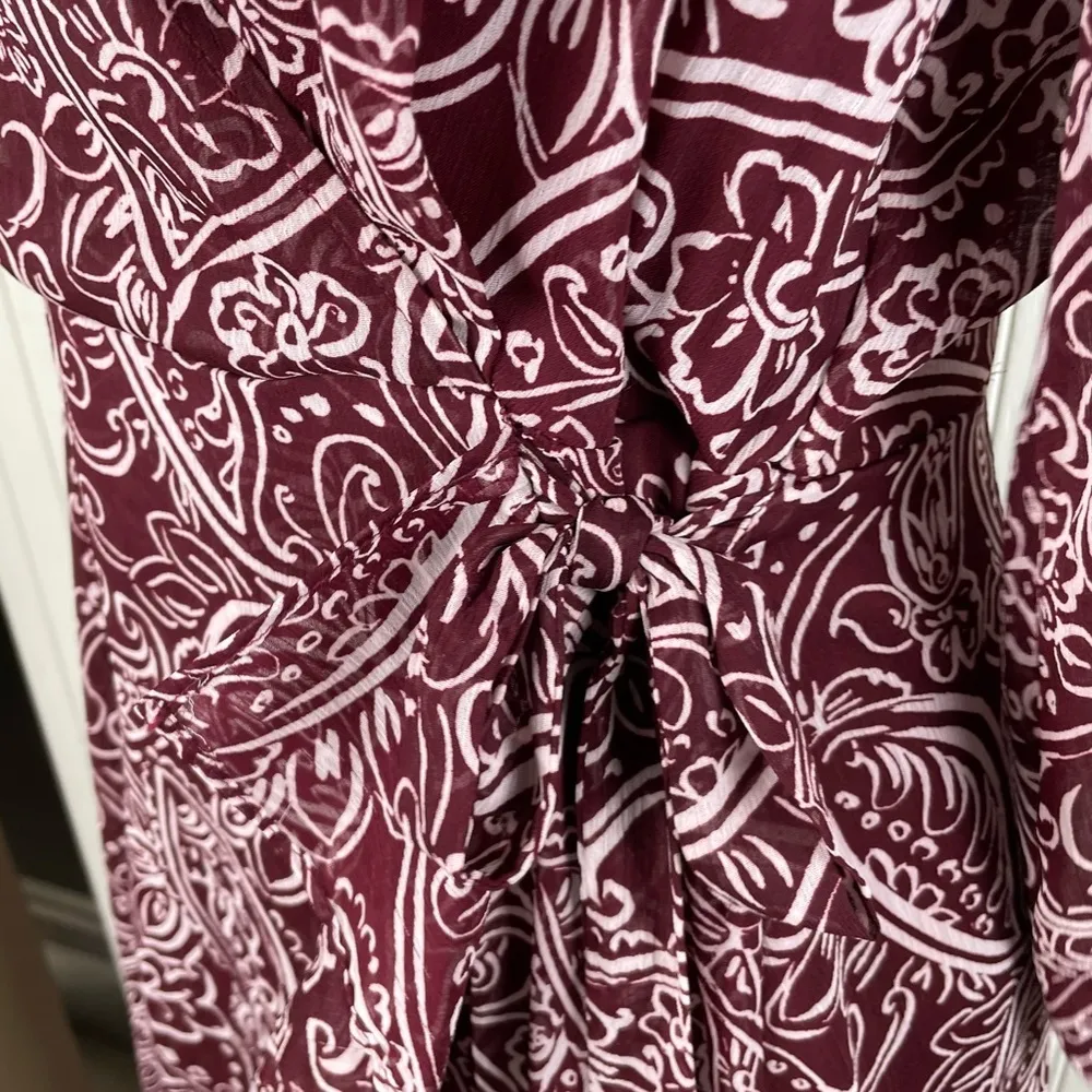 Calvin Klein Maroon Paisley High Low Hem Ruffle Chiffon Dress Women's Size 8 - Image 5