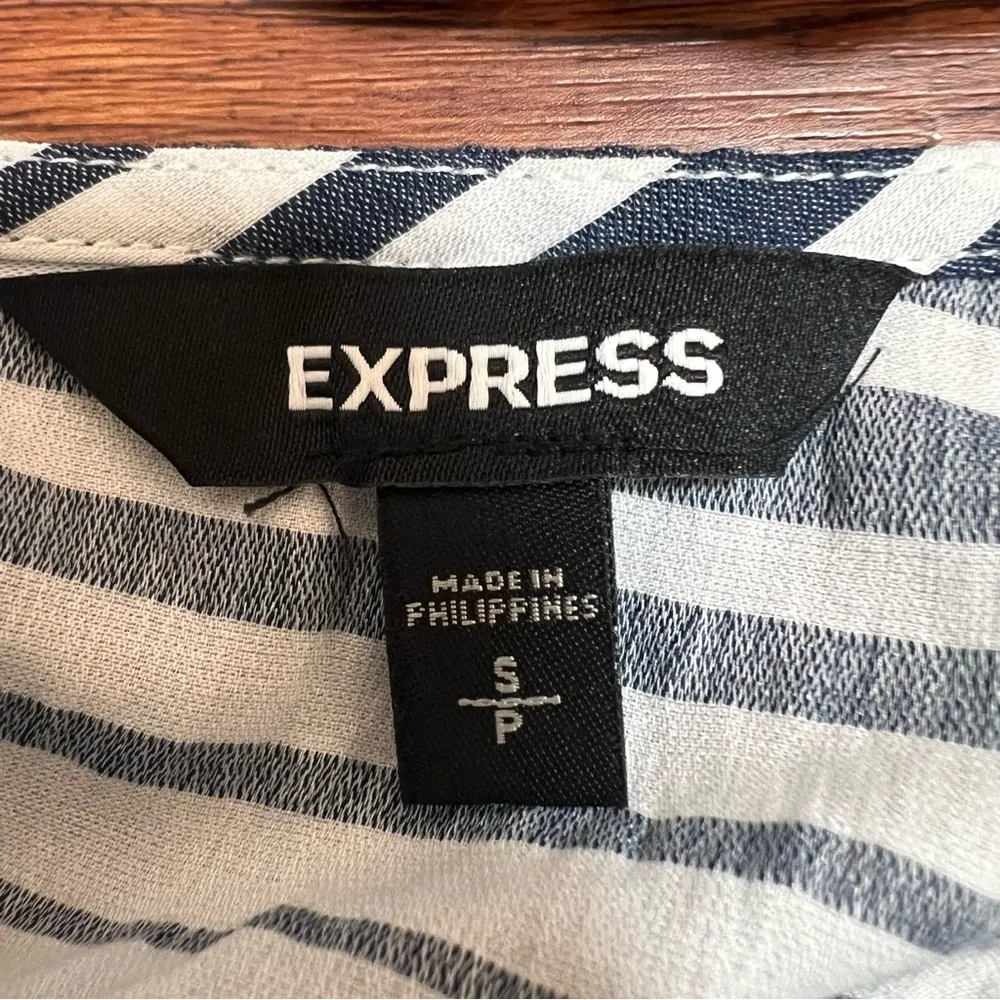 Express Striped Peplum Top Long Bell Sleeves Faux Wrap Back Deep V-neck Small - Image 7