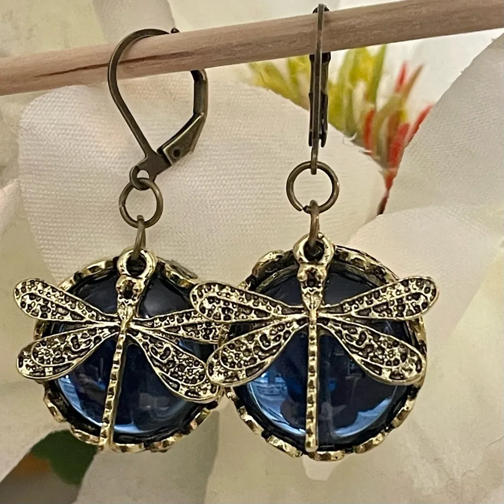 Blue Glass Vintage Boho Dragonfly Drop Earrings New - Image 4