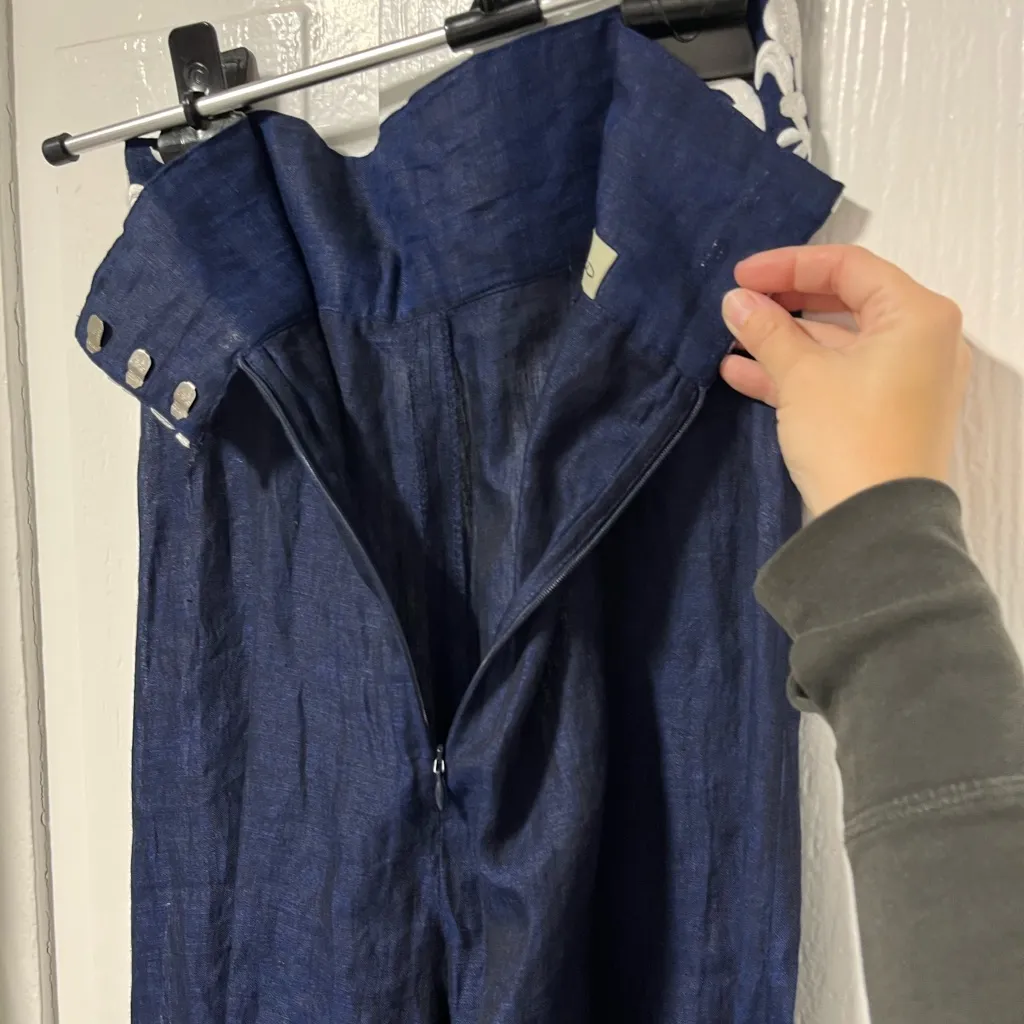 De Castro Navy Blue Mermaid Wide Leg Linen Trousers with embroidered waistband S - Image 8