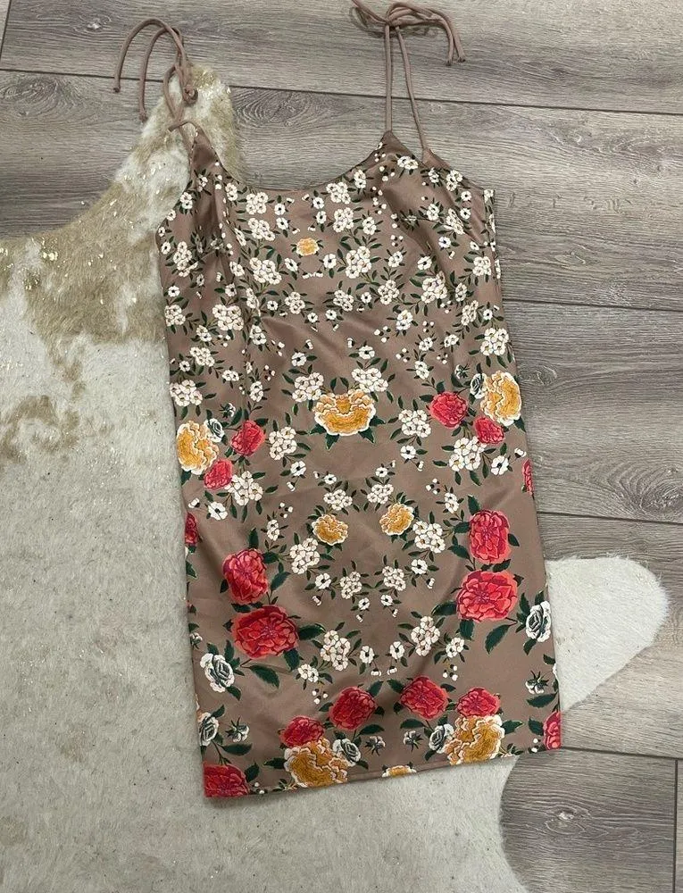 NBD revolve floral tan Satin Frieda Dress - Image 3