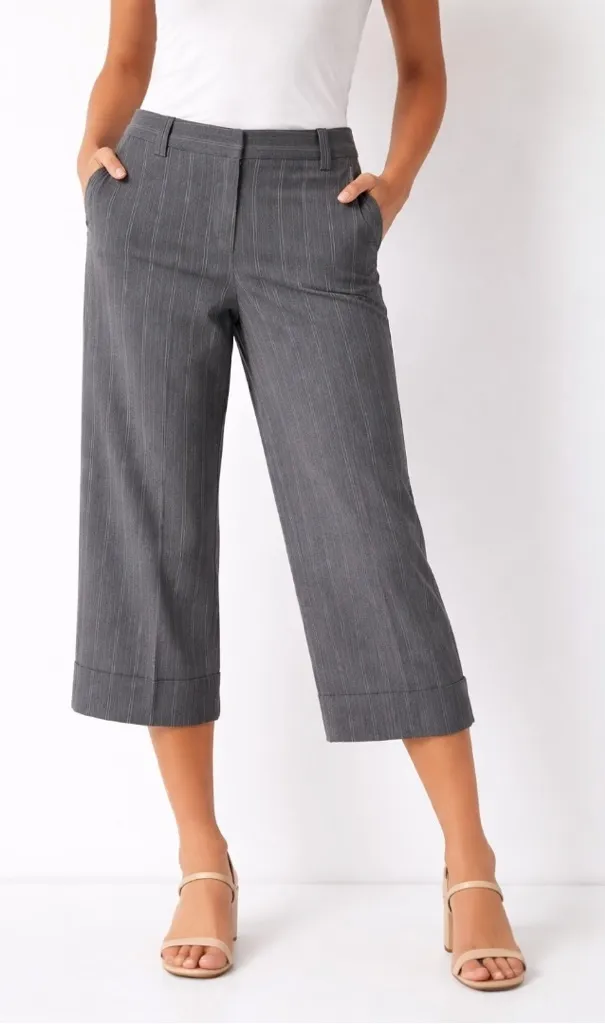 LARRY LEVINE Stretch Grey Wide Leg Pinstripe Cropped Pant, Size 14 - Image 1