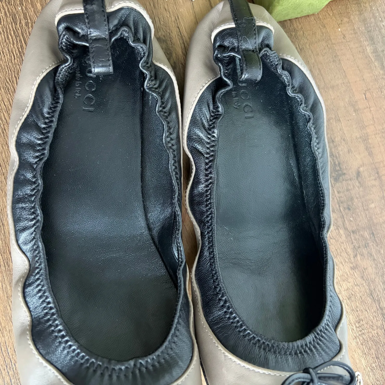 GUCCI Ballerina GG Bow 7.5 Black Tan Leather Flats 37.5 Women's Ballet Box Shoes - Image 5