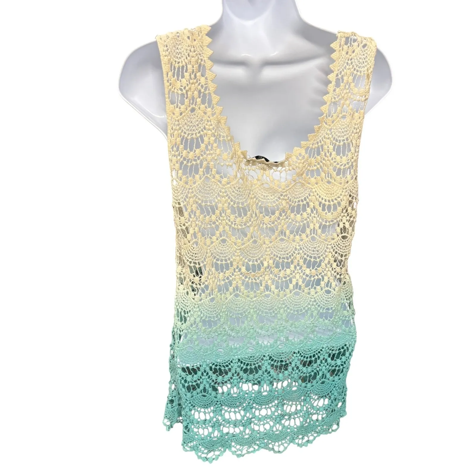 ALT. B Crochet Tank Top Sleeveless Ombre‎ Beige Green Festival Beach Coverup Y2K Tan - Image 2